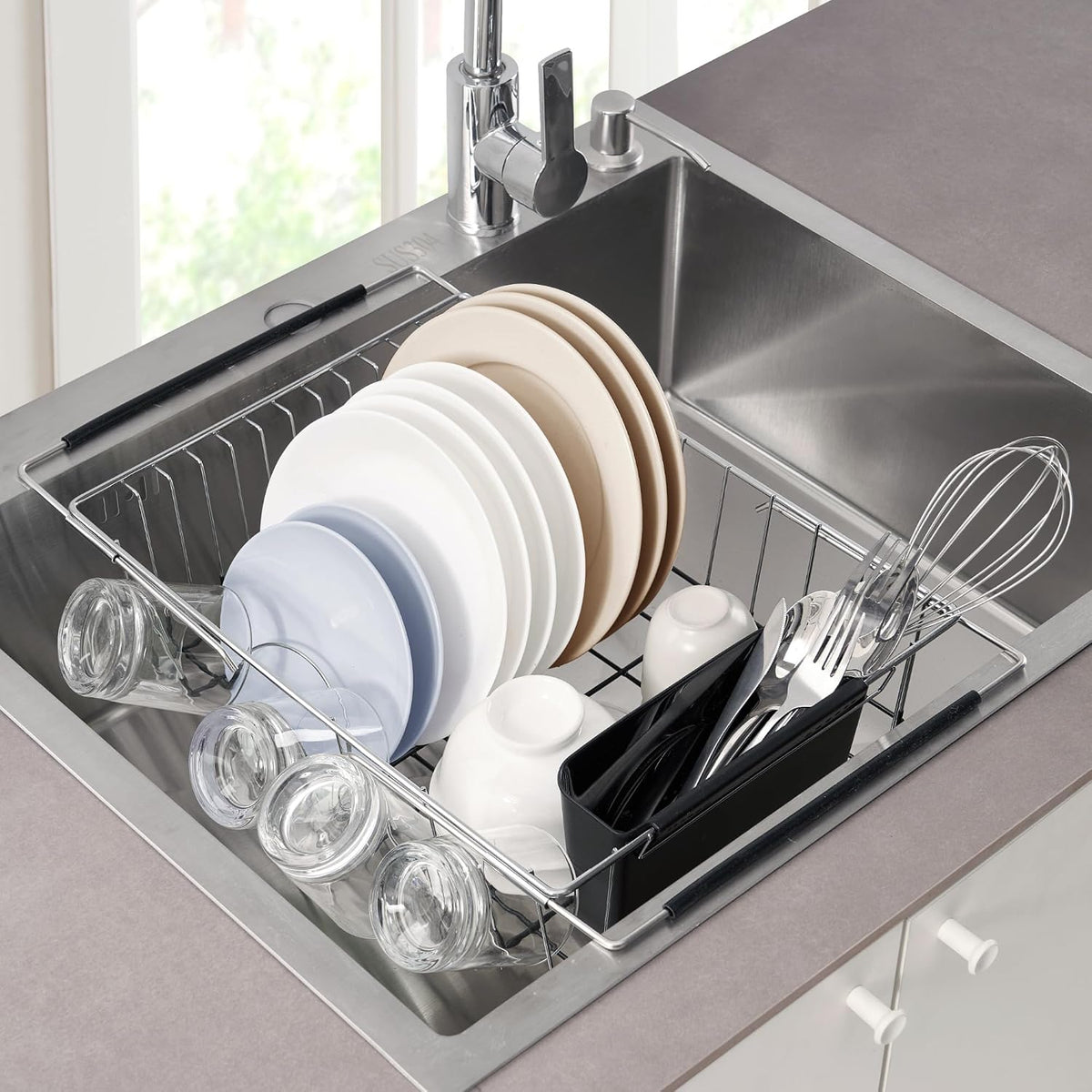 Dish Drying Rack Over The Sink Expandable to 24.5" Dish Drainer  Space-Saving Rectangular Kitchen Extending Drying Station with Utensil Holder, Fits Most Sinks for Easy Dish Organization, Black