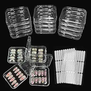 12pcs Press on Nail Storage Box with Adhesive Double Sided Tape Clear Acrylic Nail Display Box Artificial False Nail Organizer Box Fake Nail Case Nail Packaging Boxes for Nail Salon