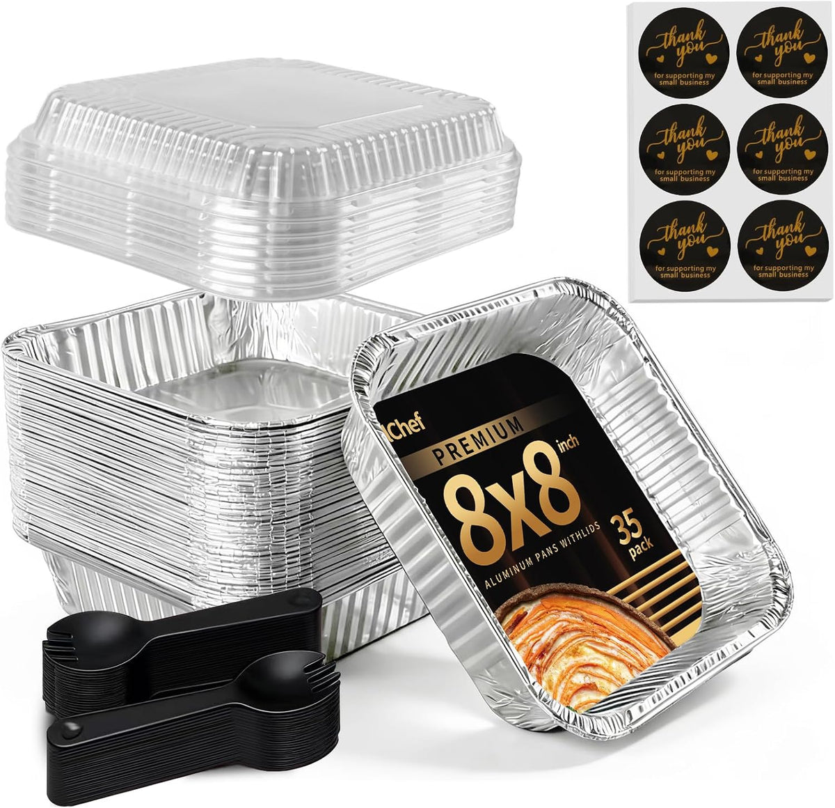 GrillChef 35 Pack 8x8 Aluminum Pans with Lids, Stickers & Spoons