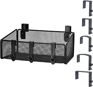 JDYOOMI Bedside Caddy Shelf Hanging Storage Basket for Bunk Bed, Office Cubical Walls, Baby Rails, College Dorm Organizer - 5 Pairs Sized Hooks for Phone, Glass, Magazine, Decor (Black)
