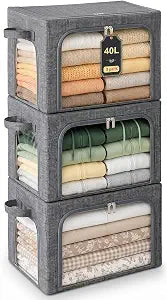 GoMaihe Clothes Storage Bins with Metal Frame for Sweaters, 40L 3-Pack Grey