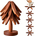 Wooden Trivets for Hot Dishes, Tree Shape Trivet Set, 4 Walnut Wood + 1 Stand stored Like a Christmas Tree,Foldable Kitchen Wooden Trivet for Hot Dishesã€Potã€Bowlã€Teapotã€Hot Pot Holde (Brown