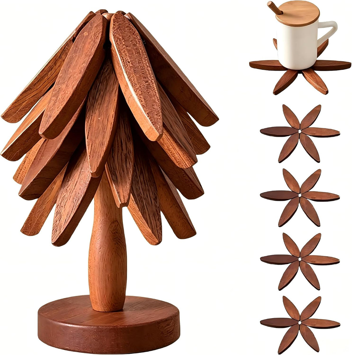 Wooden Trivets for Hot Dishes, Tree Shape Trivet Set, 4 Walnut Wood + 1 Stand stored Like a Christmas Tree,Foldable Kitchen Wooden Trivet for Hot Dishesã€Potã€Bowlã€Teapotã€Hot Pot Holde (Brown