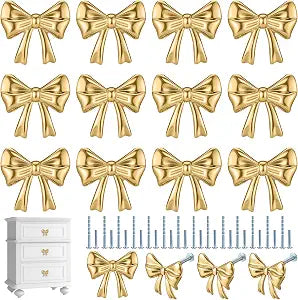 Hotop 15 Pack Gold Bow Dresser Knobs Cabinet Drawer 2 Screws, 1.57 Inch