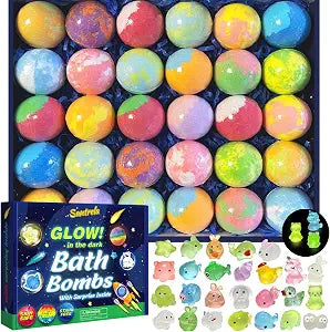 Bath Bombs for Kids with Surprise Inside, 30 Pack Kids Bath Bombs with Toys Glow in The Dark, Child-Safe Colorful Bubble Fizzy Bath Bomb, Halloween Parties and Trick-or-Treat Fun, Christmas Gift Set