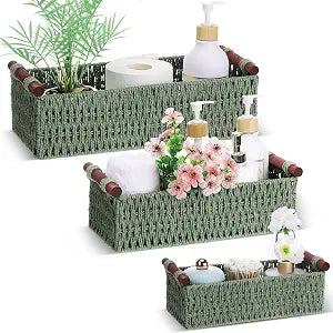 Boao 3 Pcs Boho Storage Wicker Baskets Handmade Woven Decorative Paper Rope Baskets for Organizing with Handle Countertop Toilet Paper Storage Container for Toilet Tank Top