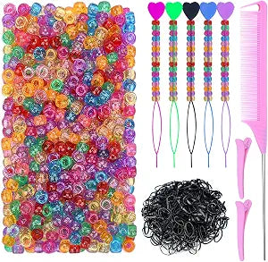 Ningrou 1008 Pcs Hair Beads Kit for Girls Hair Braids, 500Pcs 9x6mm Glitter Pony Beads, 500Pcs Mini Elastic Rubber Bands, 5Pcs Quick Beaders, 1Pcs Rattail Comb and 2Pcs Duckbill Clips