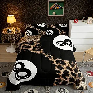 Y2K Lucky 8 Ball Twin Size Comforter Set,Trendy Cheetah Print Bedding Set for Kids Boys Girls Men Women Preppy Fashion Leopard Quilt Black Brown Duvet Insert Funky Y2K Bed Set Room Decor Aesthetic