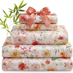YIYEA 100% Viscose Derived from Bamboo Sheets, 600 Thread Count Cooling Bed Sheet Set for Hot Sleepers, Silky Soft, Breathable, 16" Deep Pocket, 3PC, Twin, Floral