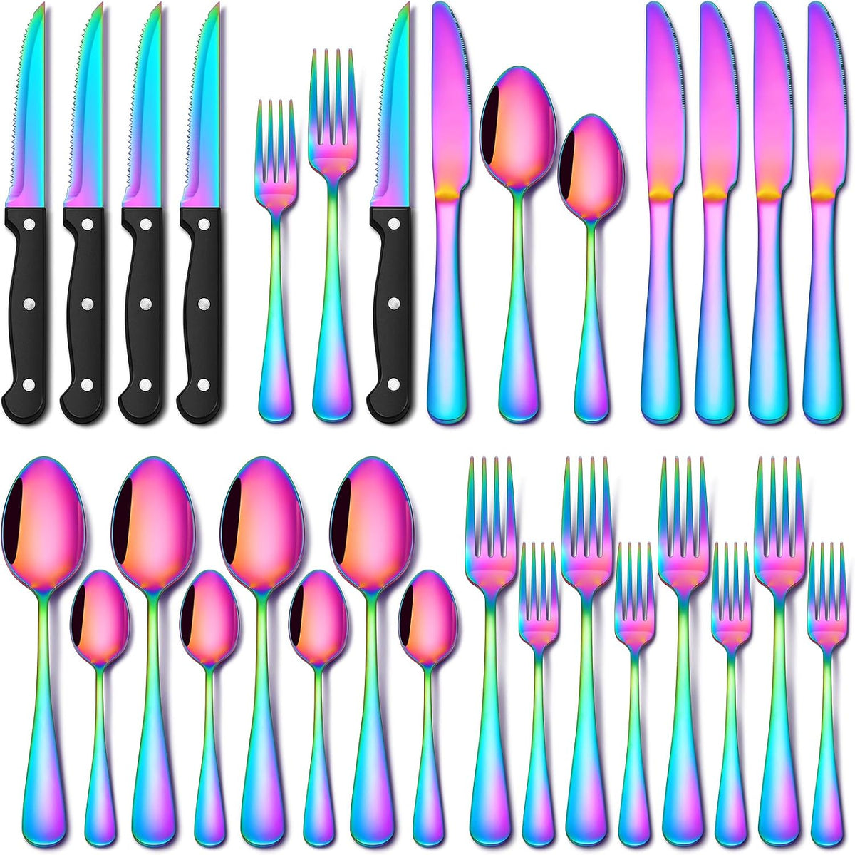 EUIRIO 24 Piece Rainbow Silverware Set with Steak Knives Stainless Steel Flatware Set for 4 Cutlery Utensil Set Mirror Polished Dishwasher Safe for Home Restaurant