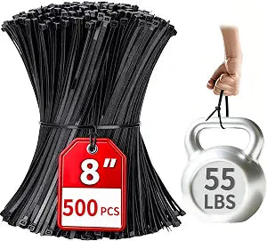 500-Pack Zip Ties 8 Inch Heavy Duty, 55lb Tensile Strength Black Nylon Cable Ties, UV Resistant Wire Ties for Indoor & Outdoor Industrial Electrical Wiring & Cable Management.