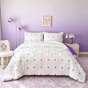 Floral Bedding Set for Girls - Soft 3D Daisy Embroidery Twin Comforter Set for Girls, Purple & White Cute Decorative Twin Bedding Set, All-Season Girls Comforter Set
