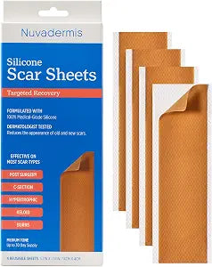 NUVADERMIS Silicone Scar Sheets ��� Extra Long Medical-Grade Scar Sheets for C-Section, Tummy Tuck, Keloid, and Surgical Scars ��� Reusable and Effective ��� Pack of 4 ��� Medium Tone