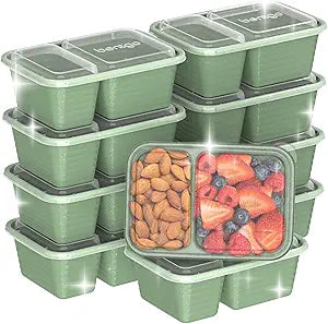 Bentgo Prep - 2-Compartment Snack Containers with Lids - Reusable, Microwaveable, Durable, PFAS & BPA-Free, Freezer, & Dishwasher-Safe Meal Prep Food Storage - 10 Trays & 10 Lids (Basil Glitter)