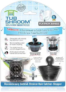 TubShroom Tub Drain Hair Catcher Combo Pack with Silicone Stopper, Black Chrome  Protector and for Bathroom Drains, fits any standard bathtub drain measuring 1.4 to 1.8 wide