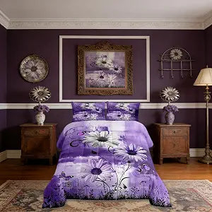 Castle Fairy Rustic Floral Comforter Set Twin Size,Farm Daisy Flowers Butterfly Country Bedding Set for Kids Boys Men,Purple Abstract Art Graffiti Quilted Duvet Set with 1 Pillowcase