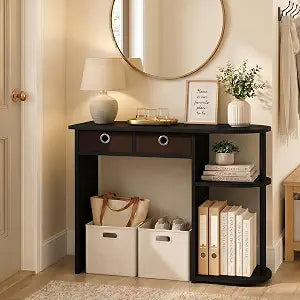 Furinno Jaya 32-Inch Black Entryway Table with 2 Fabric Drawers, Console Table with Open Shelves, Behind Sofa Couch Tables, for Living Room, Entryway, Hallway, Espresso