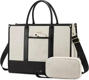 LOVEVOOK Laptop Tote Bags for Women Canvas Work Bag 15.6 inch Large Professional Teacher Purse Lightweight Computer Bag Briefcase Business Office, Black-white