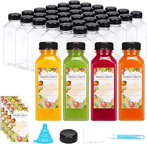 TOMNK 48 Pack 12 OZ Plastic Juice Bottles with Caps, Sticker Labels, Brush