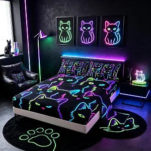 Feelyou Cat Bed Sheets Set Twin Size Gradient Line Deep Pocket Fitted Sheet Cute Kitten Bedding Sets Cat Lover's Gift Soft Bed Set 3Pcs with 1 Pillow Cases Black Blue Purple