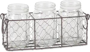 DII Farmhouse Utensil Caddy with 3 Glass Jars, Rustic Bronze Chicken Wire