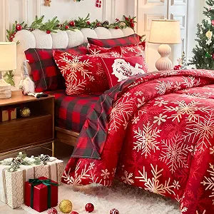 Christmas Comforter Set Queen Size Red Golden Gradient Snowflake 3 Pieces Holiday Bedding Set Reversible Red Plaid Gingham Style Soft Microfiber Bedding Set for New Year
