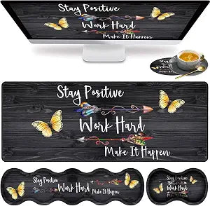 Large Gaming Mouse Pad, Keyboard Wrist Rest pad + Mouse Wrist pad + Coaster Set Extended Waterproof Non-Slip Table mat Suitable for Home Office - Stay Positive Work Hard and Make It Happen