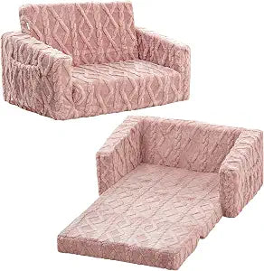 Toddler Couch for Girls, 2-in-1 Pink Kids Fold Out Couch with Flip Open Sofa Lounger, Soft Flannel Kids Sofa Chair for Playroom Bedroom