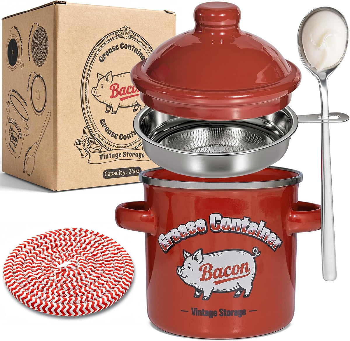 Bacon Grease Container with Strainer, Grease Saver Dishwasher Safe
