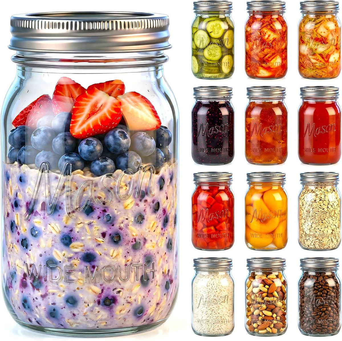 12 Pack 32 OZ Glass Food Storage Jars with Separable Airtight Lids, Wide Mouth Mason Jars for Pickling, Fermentation, Canning, Microwave & Dishwasher Safe (32oz - 12 Pack)