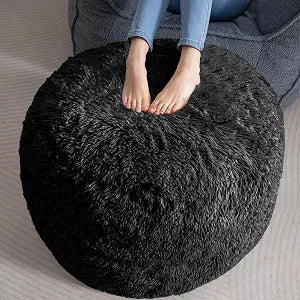 HIGOGOGO Round Stuffed Pouf Ottoman, Long Faux Fur Poufs with Foam Chunk Filling, Fluffy and Furry Pouf Foot Stool Storage Ottoman, 26 X 18 Floor Poufs Foot Rest for Living Room, Black