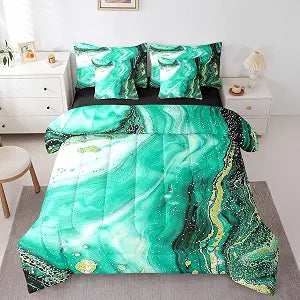 Erosebridal Teal Marbling Bedding Comforter Sets 7pcs Watercolor Aesthetic Bed in a Bag, Foil Print Marble Full Bedding Sets Modern Abstract Art Comforter Set, Gold Metallic Bedding Sets & Collections