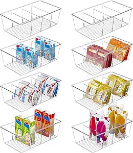 Vtopmart 8 Pack Food Storage Organizer Bins, Clear Plastic, 4 Compartments