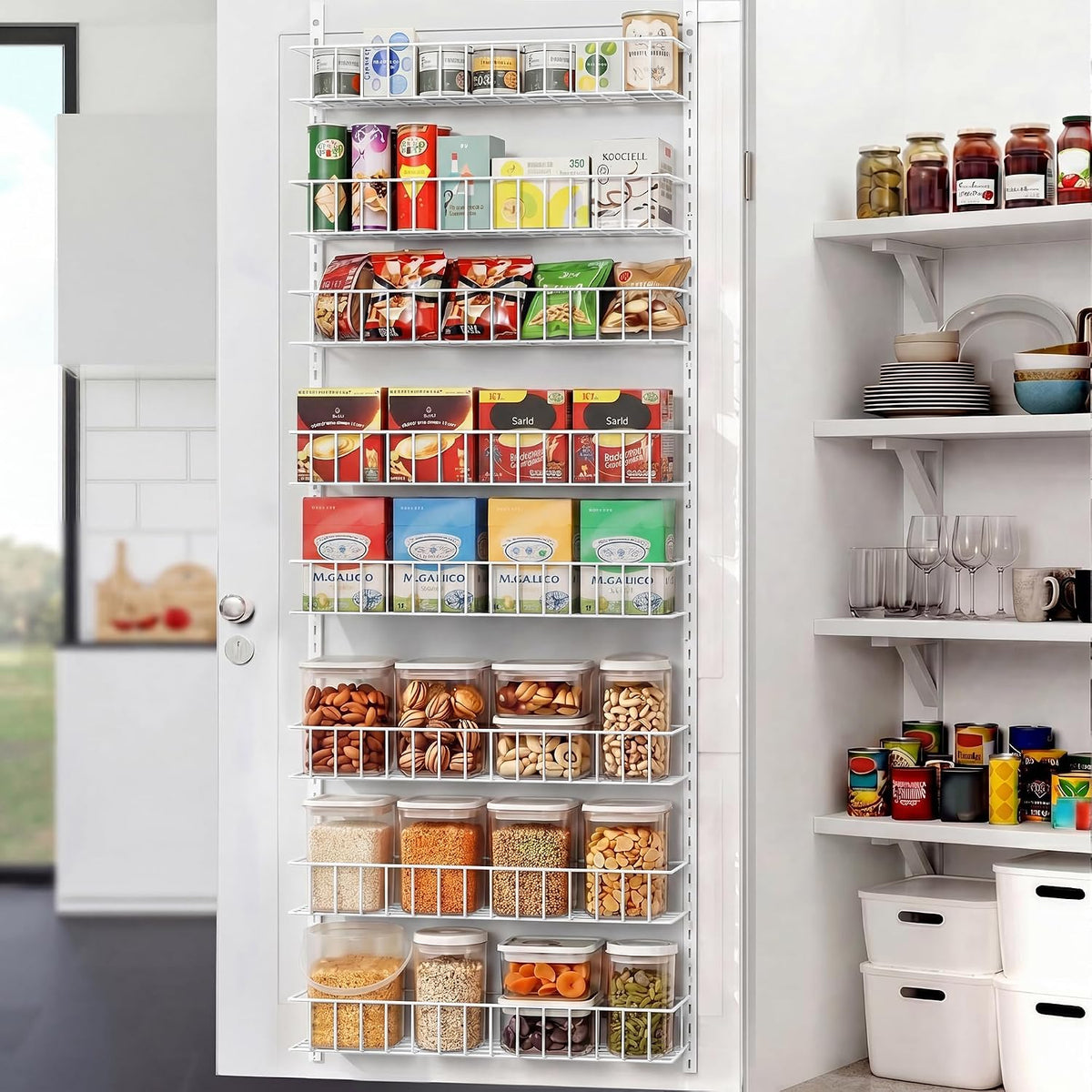 ElegantArray 8-Tier Pantry Door Organizer, Hanging Storage Basket, White