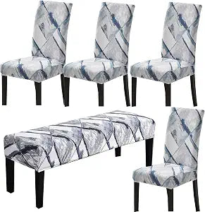 HAPPYDOG Stretch Dining Chair Covers Removable Washable Spandex Slipcovers for High Chairs 4PCS/Set+ 1 PCS Bench Cover (Winter)