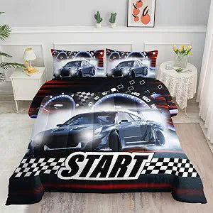 Datura home Racing Car Comforter Bedding Set for Kids Teens,3D Print Black White Plaid with Dashboard Pattern Extreme Sport Games Car Gamer Theme Comforter with 2 Pillowcases(Race Car Twin)