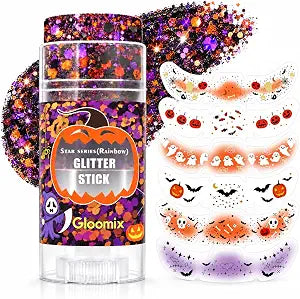 Halloween Glitter Makeup Stick Set with Temporary Freckles Stickers, Face Eye Hair and Body Shimmer Stick for Cute Halloween Makeup, Pumpkin Ghost Designs for Witch Fairy Costume Party Accessories