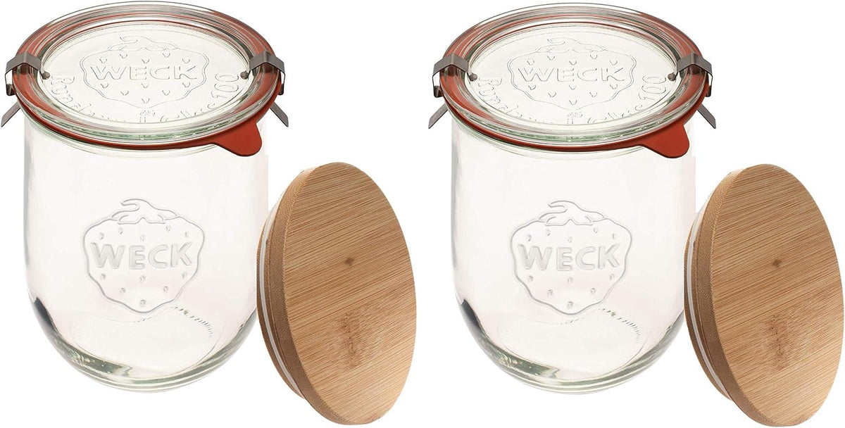 Weck Jars - 33.8 fl. oz Weck Tulip Jars 1 Liter - Sour Dough Starter Jars - Large Glass Jars for Sourdough Suitable for Canning and Storage - (2 Jars, Glass Lids & Wooden Lids)