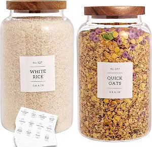 CZHQSMZ Set of 2 Large Glass Jar with Airtight Acacia Lid and 132 Kitchen Pantry Labels, Clear Glass Food Storage Jars Containers for Rice Flour Pasta Sugar Coffee Cookie and More(98 Fl Oz/2800 Ml)