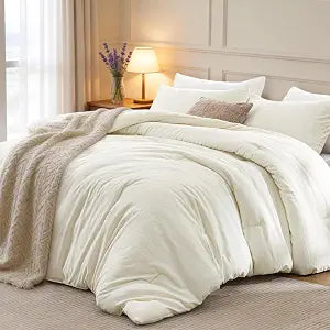 Love's cabin Queen Comforter Set Beige, 3-Piece Linen Blend Bedding Set