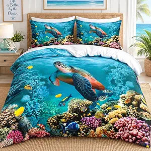 Ocean Bedding Sets Queen Size Blue Sea Turtle Duvet Cover Set Nautical Coastal Bedding Comforter-Cover for Kids Boys Girls Sea-Animal Bedroom Decor