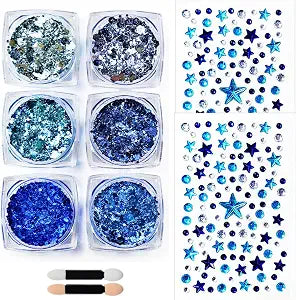 Blue Stars Face Jewels Gems Tattoos Stickers Blue Body Glitter Sequin Stars Self-Adhesive Face Gems for Halloween Winter Princess Queen Cosplay Festival Party Makeup