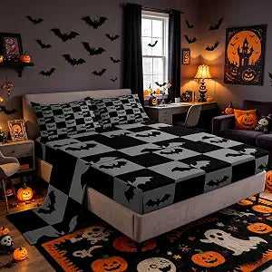 Castle Fairy Halloween Bats Sheet Set Twin Size Cartoon Animal Silhouette Bedding Set 3Pcs Black Grey Checkered Bed Sheet for Kids Girls Boys Teens Bat Wildlife Fitted + Flat Sheet,1 Pillowcase