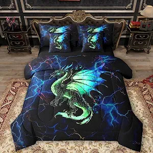 Feelyou Cartoon Dragon Full Size - 7 Pieces Bed in a Bag Set Dragon Comforter Set with Sheets for Boys Girls Lightning Dragon Bed in a Bag with Comforter, Sheets, Pillowcases & Cushion Cover