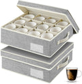 2 Pack Mug Storage Box with Dividers,Grey Cup Organizer for Tea Cup,Coffee Mug,Glass Cups,Coffee Cup Storage with Handles,Stackable Storage Case with Hard Shell Dividers,Each Holds 12 Cups