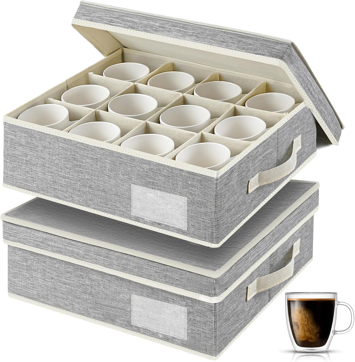 2 Pack Mug Storage Box with Dividers,Grey Cup Organizer for Tea Cup,Coffee Mug,Glass Cups,Coffee Cup Storage with Handles,Stackable Storage Case with Hard Shell Dividers,Each Holds 12 Cups