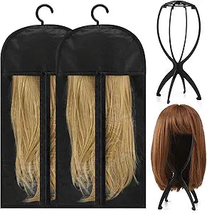 ProSuites 2 Pcs Wig Storage Bags with 2 Pack Wig Head Stand, Travel Wigs Holder Hat Display Wig Set for Home Salon Use, Black