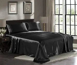 Satin Sheets California King [4-Piece, Black] Luxury Silky Bed Sheets - Extra Soft 1800 Microfiber Sheet Set, Wrinkle, Fade, Stain Resistant - Deep Pocket Fitted Sheet, Flat Sheet, Pillow Cases