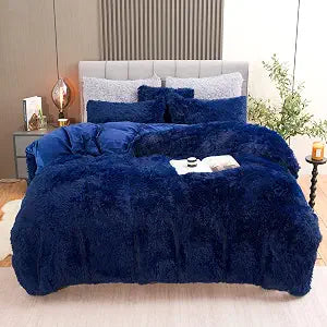 Fluffy Plush Duvet Cover Set Twin Size, Luxury Ultra Soft Velvet Fuzzy Comforter Cover Bed Sets 3Pcs(1 Faux Fur Duvet Cover + 1 Pillow Cases + 1 Pillow Cover) Zipper Closure (Twin, Navy Blue)