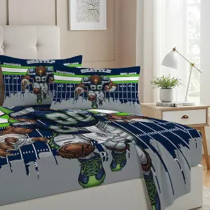 Allenjoy Seattle American Football Blue Surge Sheets Set with Fitted Sheet, Flat Sheet and 1 Pillowcase for Boys Teens Fans Men Son Bedding Bedroom Decor, Twin Size
